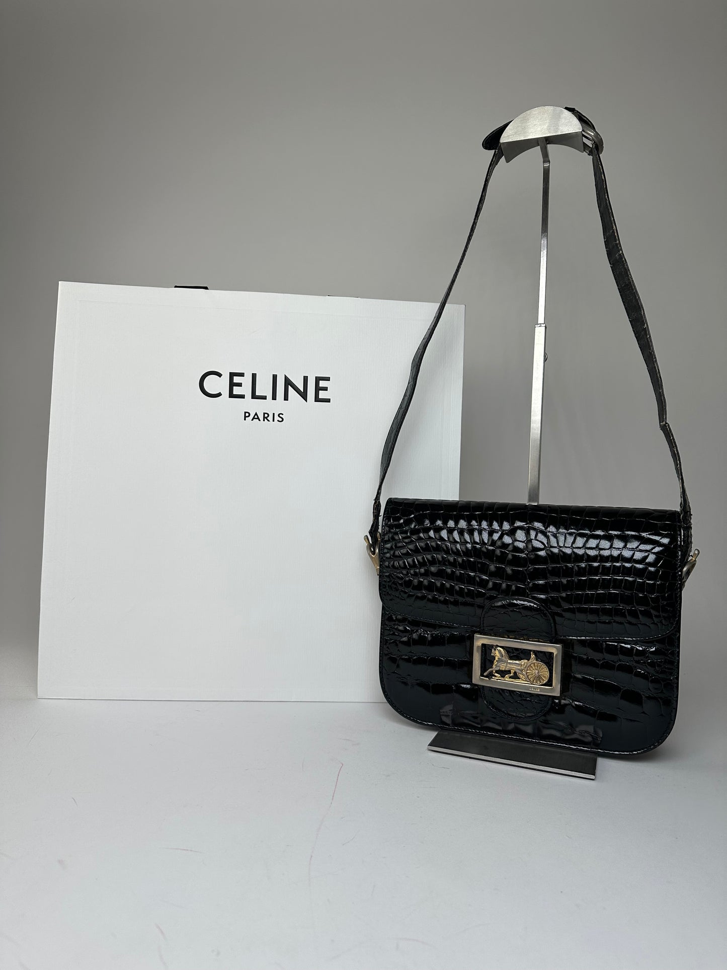 Vintage Celine Croc-Embossed Leather Shoulder Bag Black