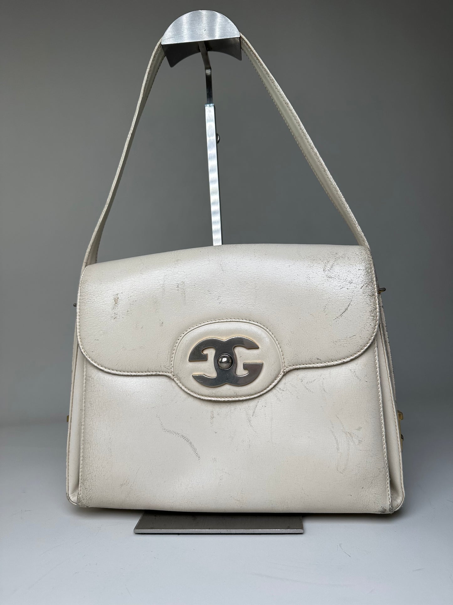 Vintage Gucci Leather Shoulder Bag Cream Gold