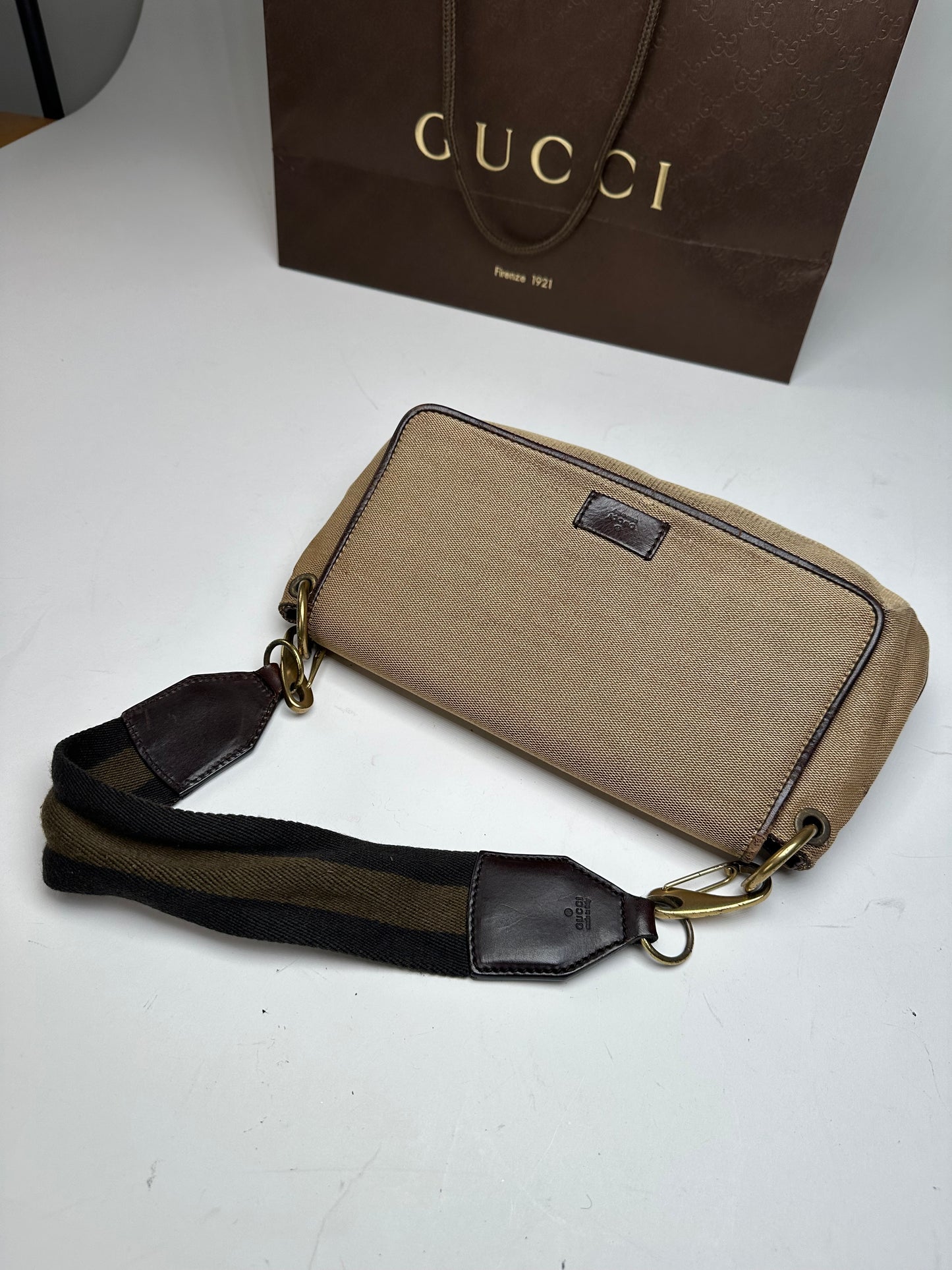 Vintage Gucci Cotton Leather Handbag Beige Brown