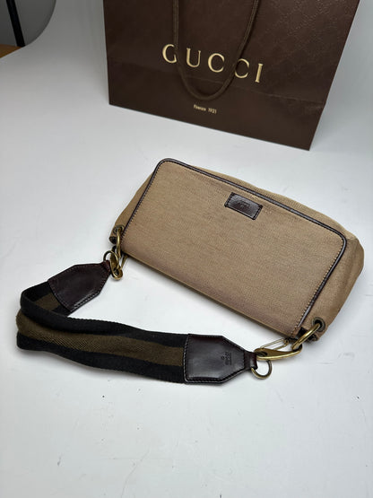 Vintage Gucci Cotton Leather Handbag Beige Brown