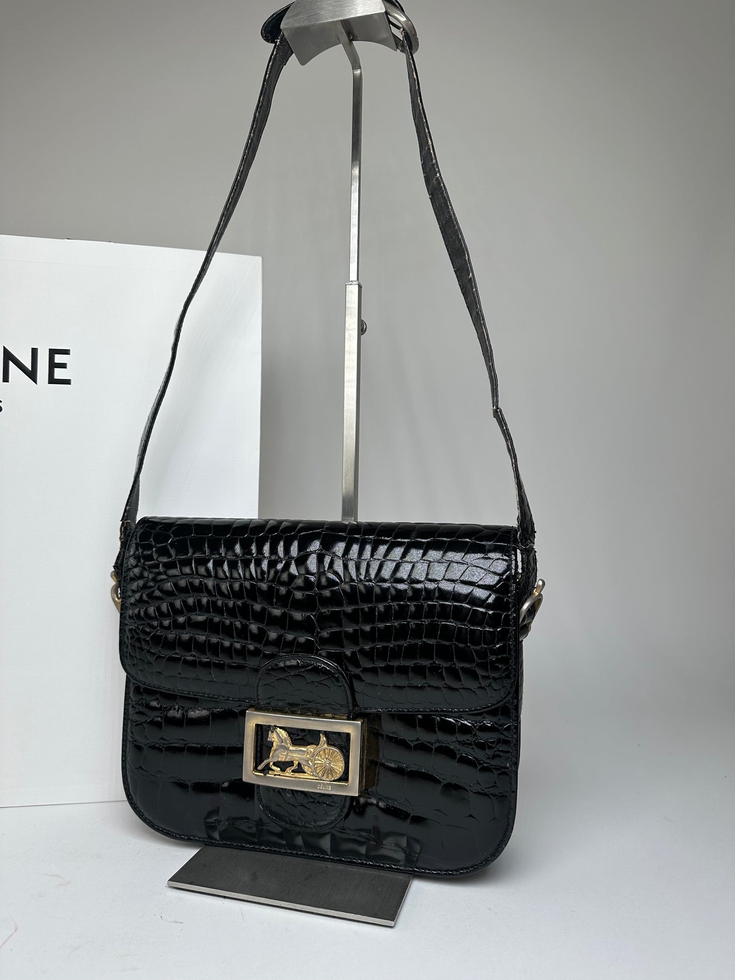 Vintage Celine Croc-Embossed Leather Shoulder Bag Black