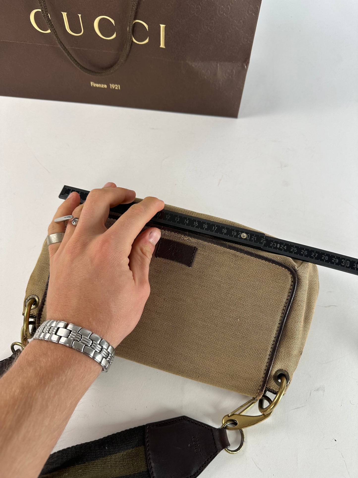 Vintage Gucci Cotton Leather Handbag Beige Brown