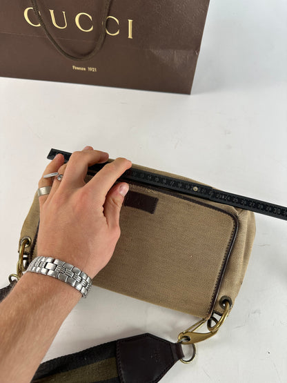 Vintage Gucci Cotton Leather Handbag Beige Brown
