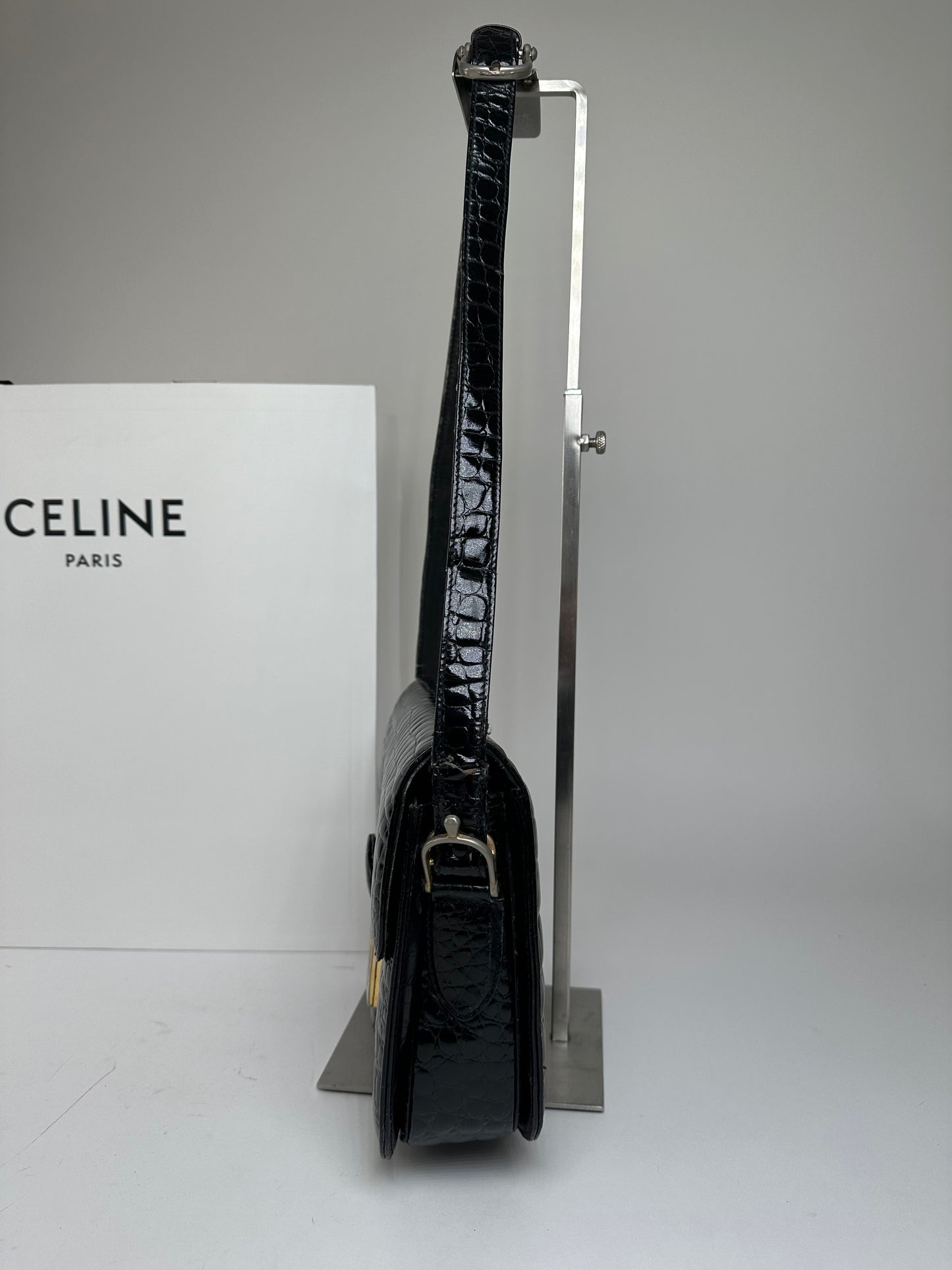 Vintage Celine Croc-Embossed Leather Shoulder Bag Black