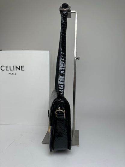 Vintage Celine Croc-Embossed Leather Shoulder Bag Black