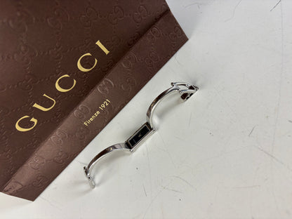 Vintage Gucci Stainless Steel Leather Bracelet Watch Silver Black