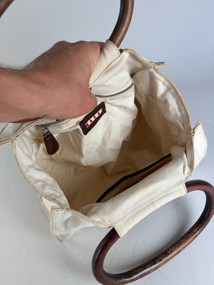 Vintage Marni Canvas Tote Cream Brown Navy Wood Handles