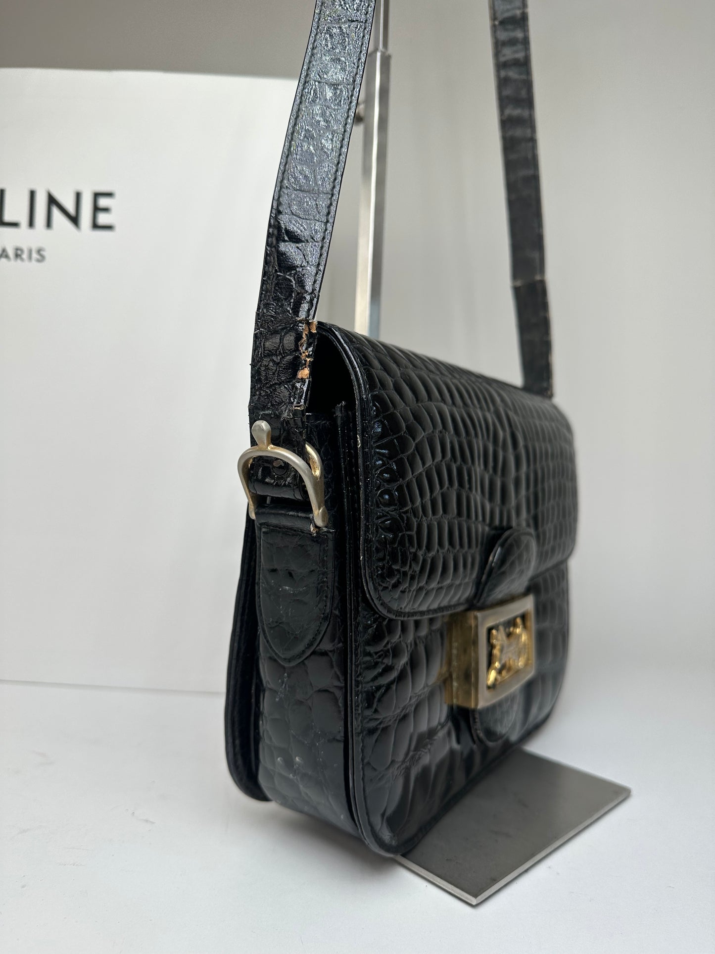 Vintage Celine Croc-Embossed Leather Shoulder Bag Black
