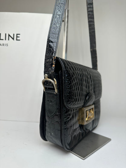 Vintage Celine Croc-Embossed Leather Shoulder Bag Black