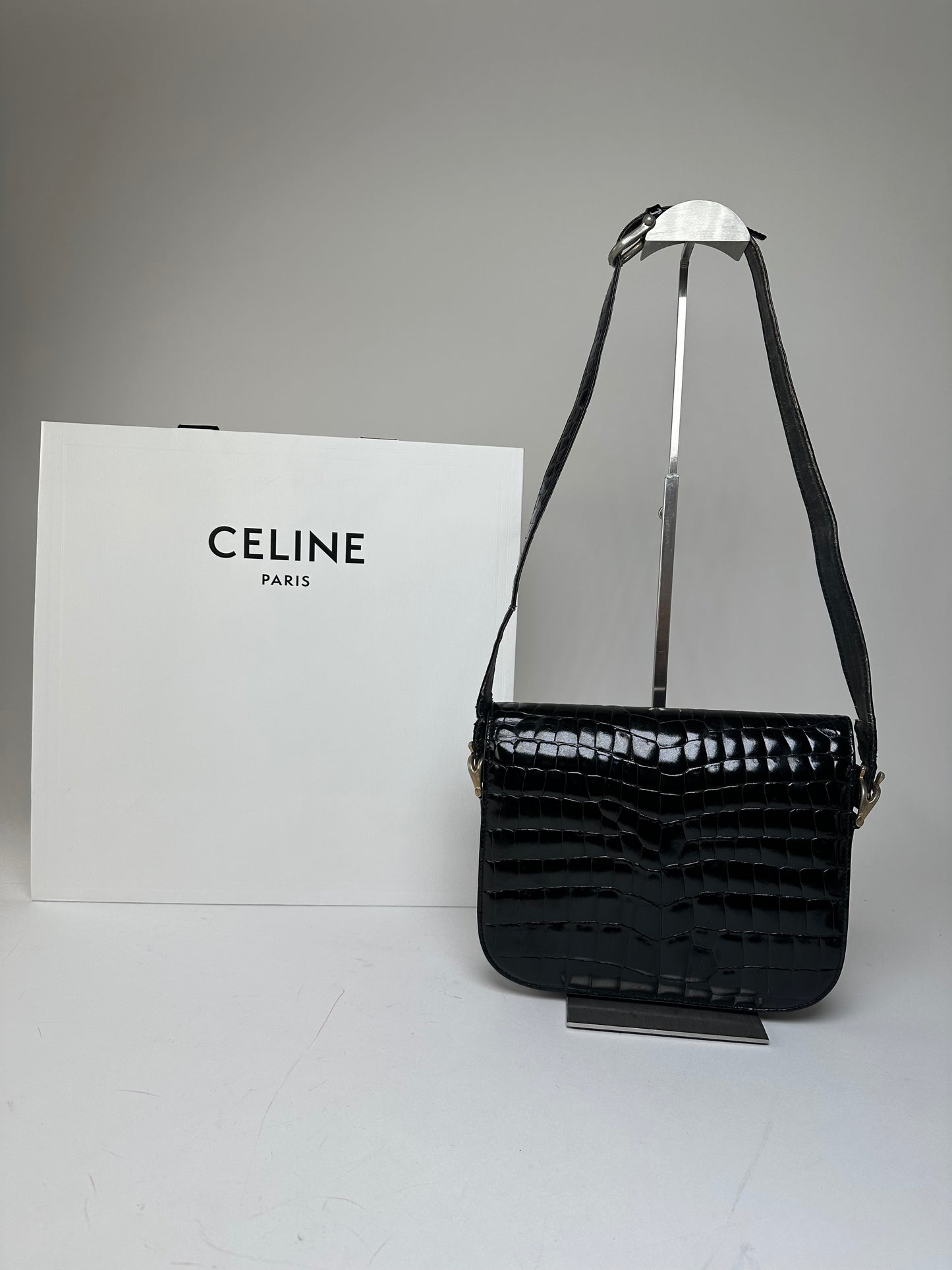 Vintage Celine Croc-Embossed Leather Shoulder Bag Black