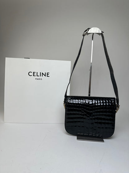 Vintage Celine Croc-Embossed Leather Shoulder Bag Black