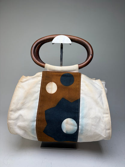 Vintage Marni Canvas Tote Cream Brown Navy Wood Handles