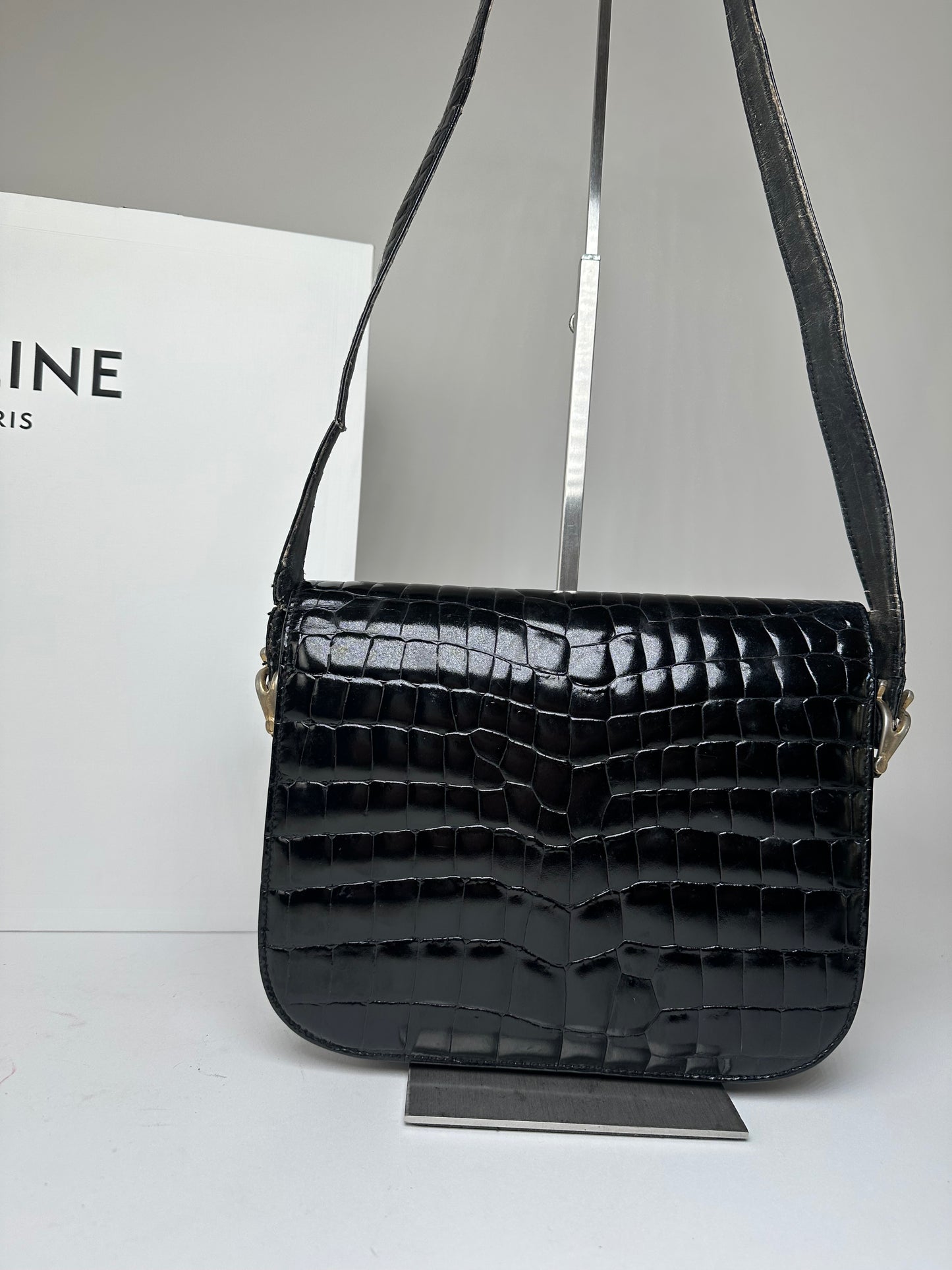 Vintage Celine Croc-Embossed Leather Shoulder Bag Black