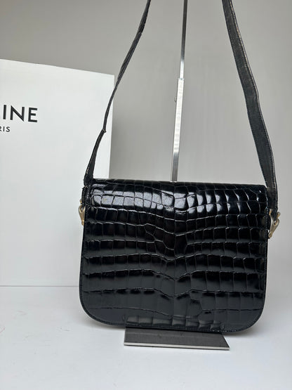 Vintage Celine Croc-Embossed Leather Shoulder Bag Black