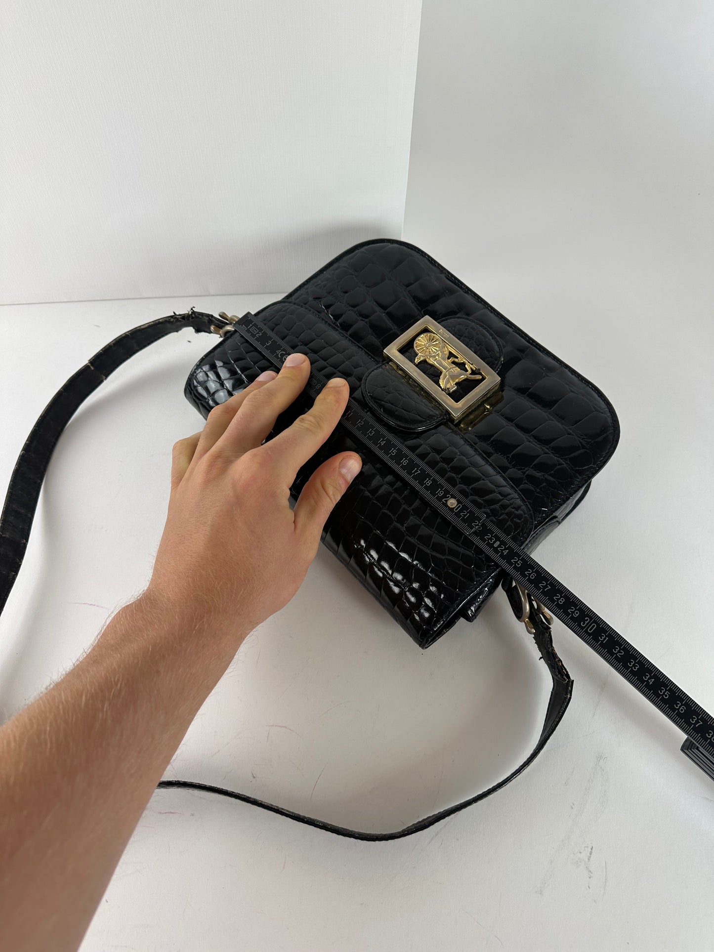 Vintage Celine Croc-Embossed Leather Shoulder Bag Black