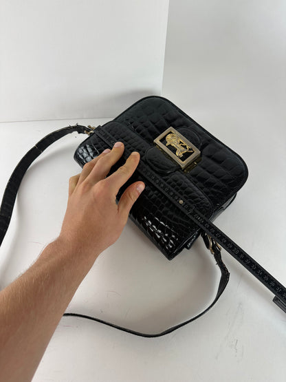 Vintage Celine Croc-Embossed Leather Shoulder Bag Black