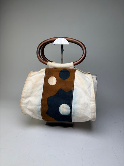 Vintage Marni Canvas Tote Cream Brown Navy Wood Handles
