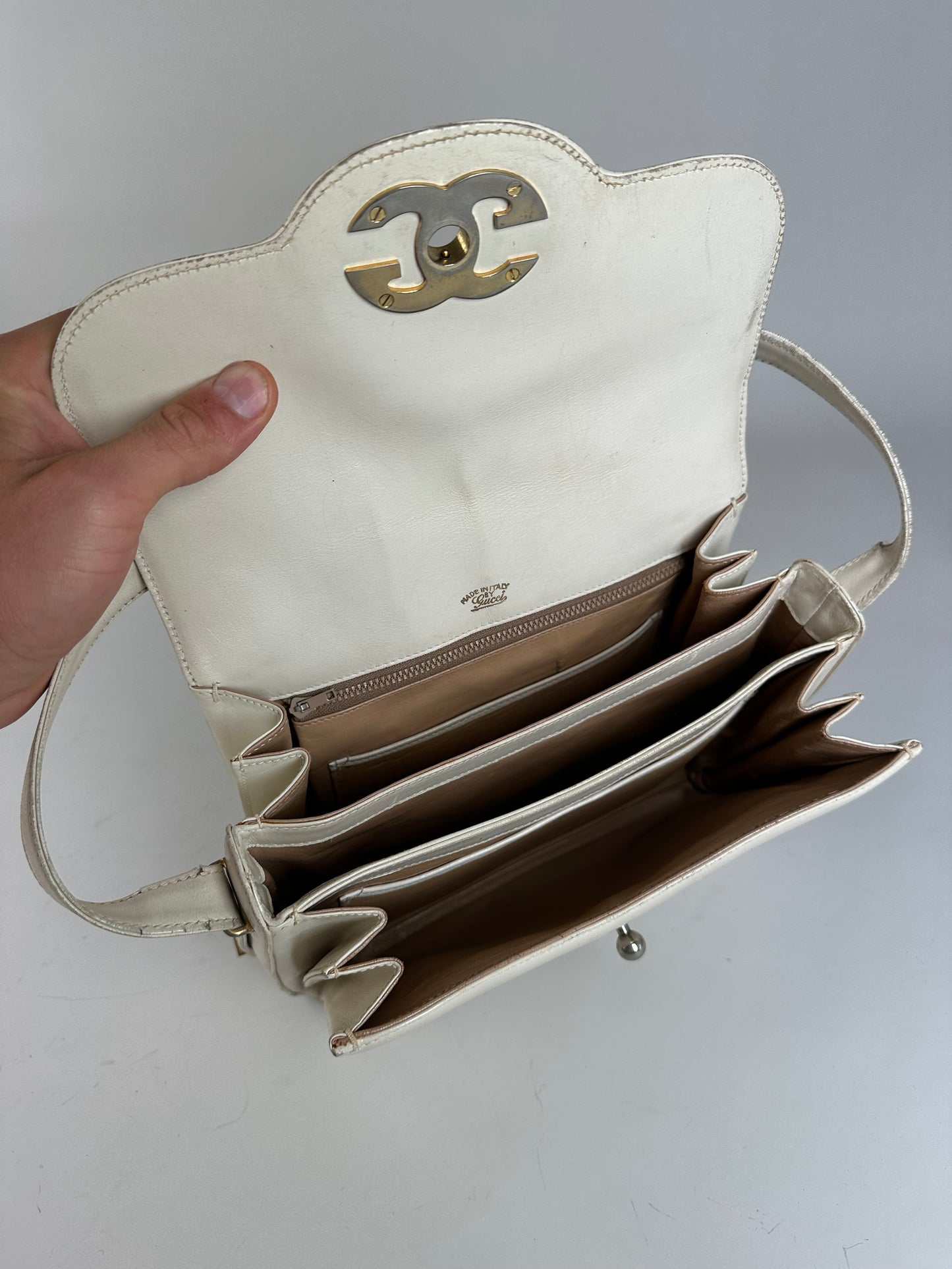 Vintage Gucci Leather Shoulder Bag Cream Gold