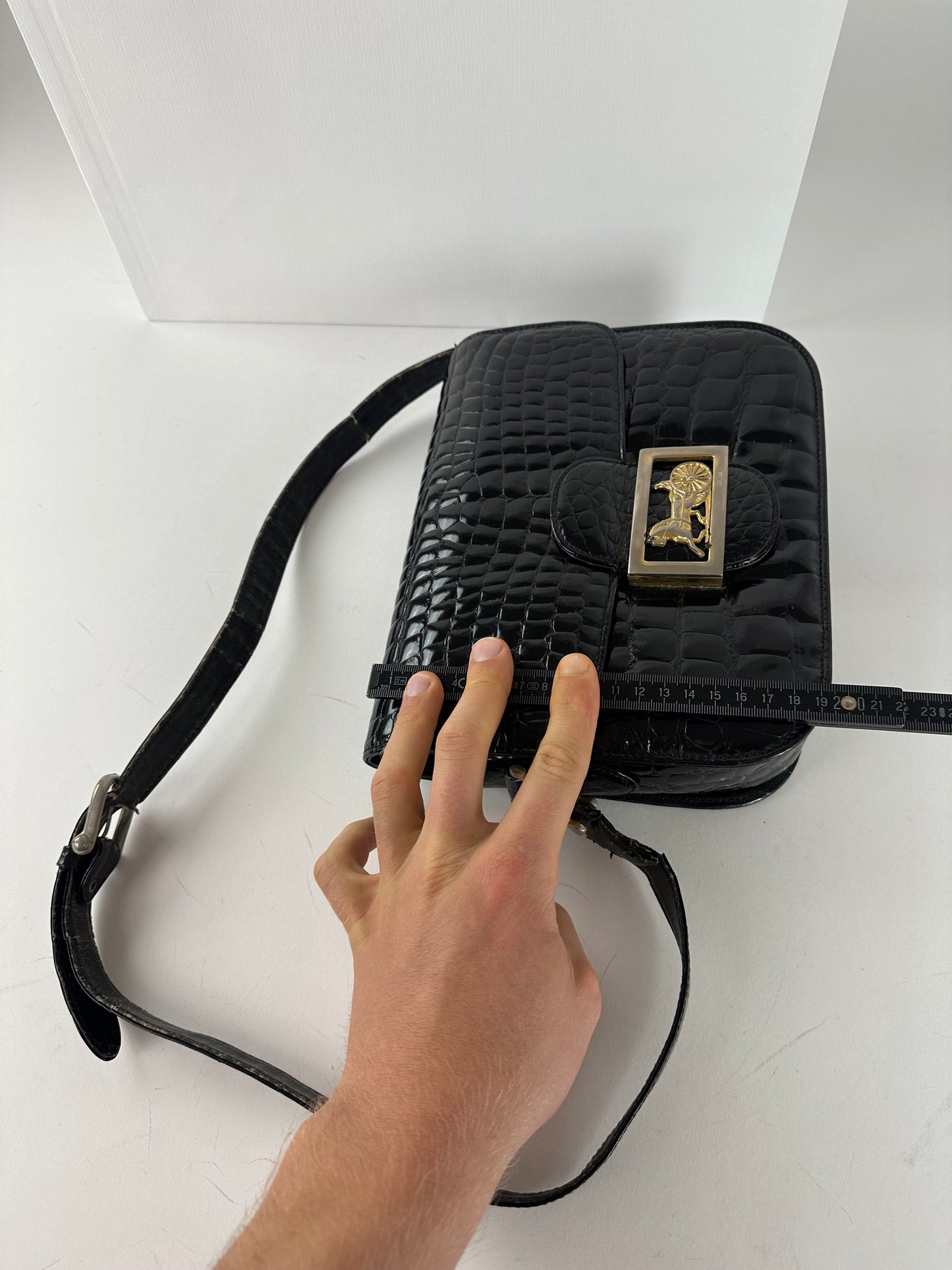Vintage Celine Croc-Embossed Leather Shoulder Bag Black