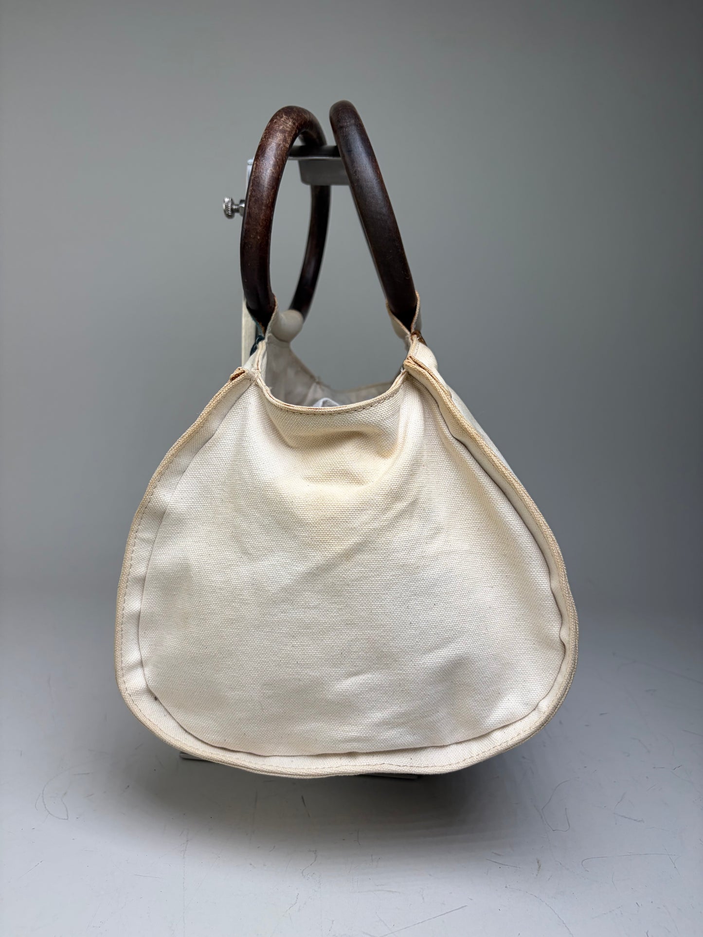 Vintage Marni Canvas Tote Cream Brown Navy Wood Handles