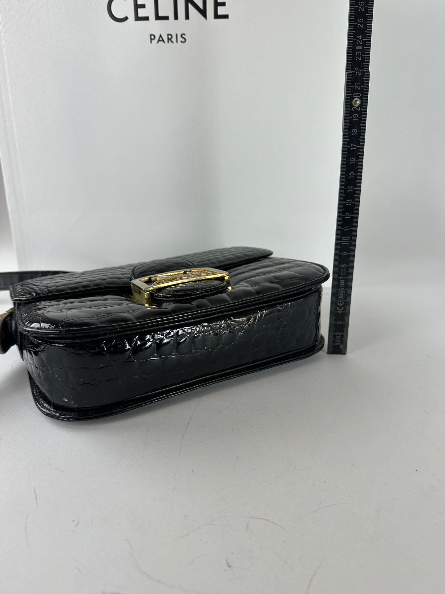 Vintage Celine Croc-Embossed Leather Shoulder Bag Black