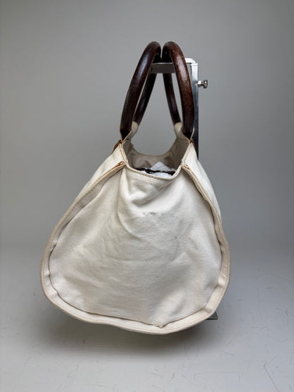 Vintage Marni Canvas Tote Cream Brown Navy Wood Handles