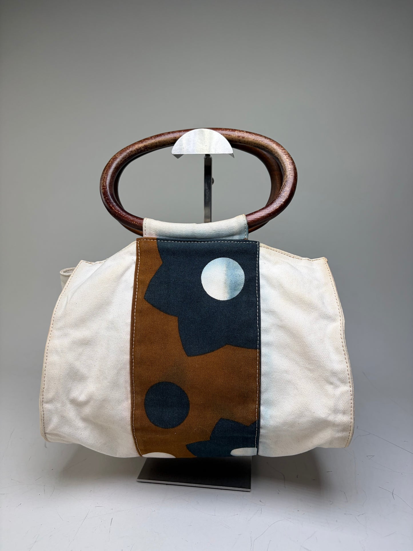 Vintage Marni Canvas Tote Cream Brown Navy Wood Handles