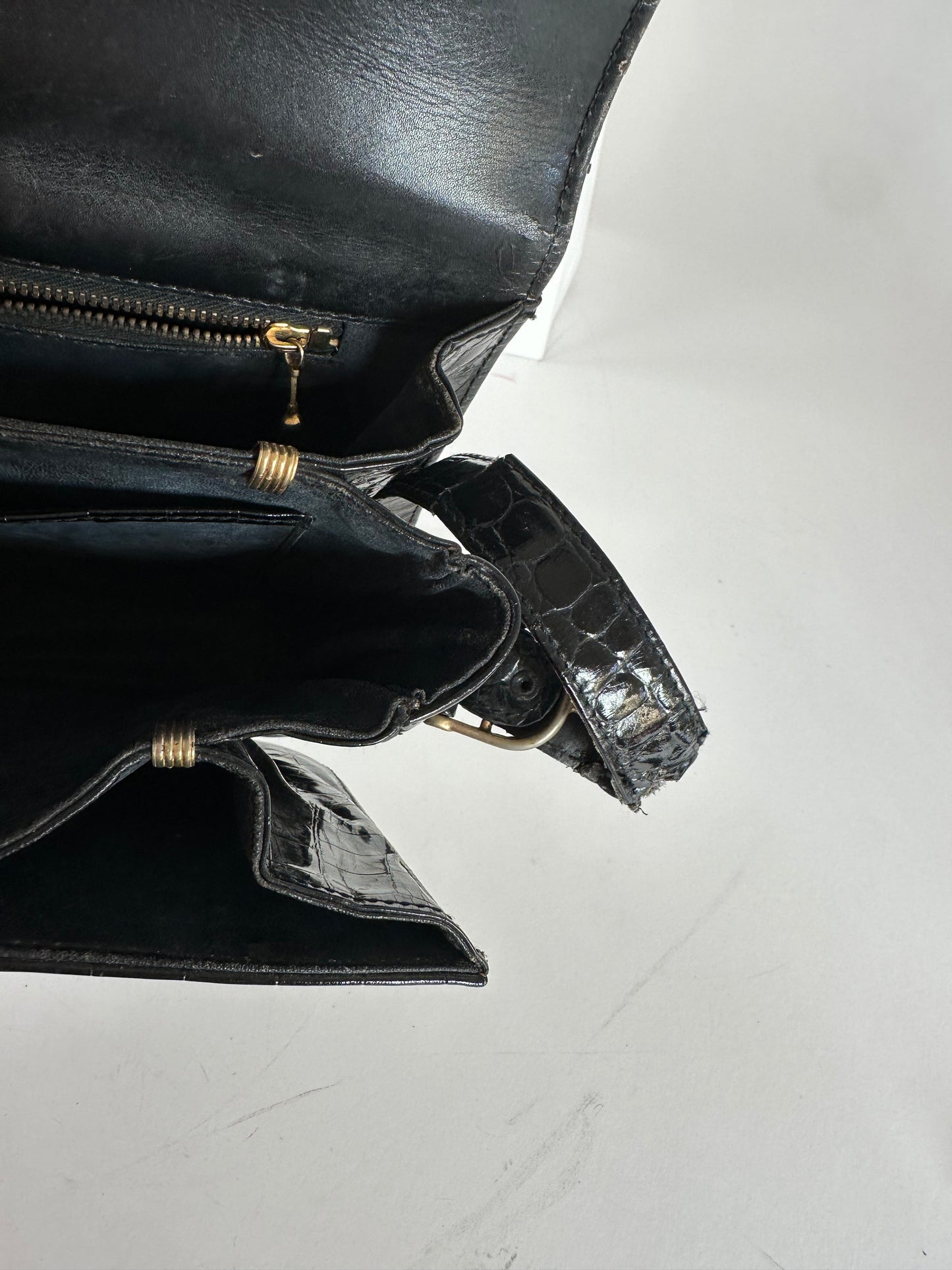Vintage Celine Croc-Embossed Leather Shoulder Bag Black