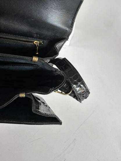 Vintage Celine Croc-Embossed Leather Shoulder Bag Black