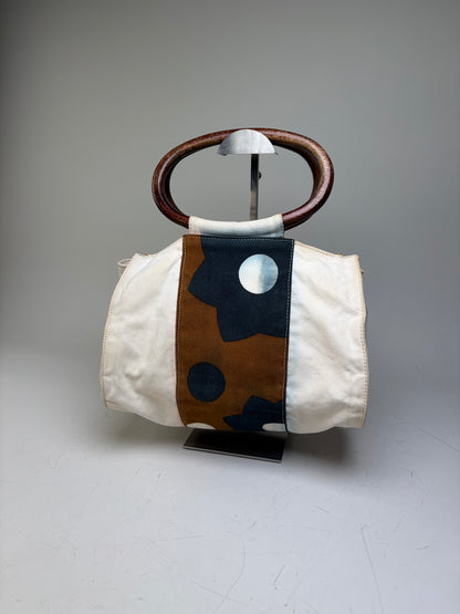 Vintage Marni Canvas Tote Cream Brown Navy Wood Handles