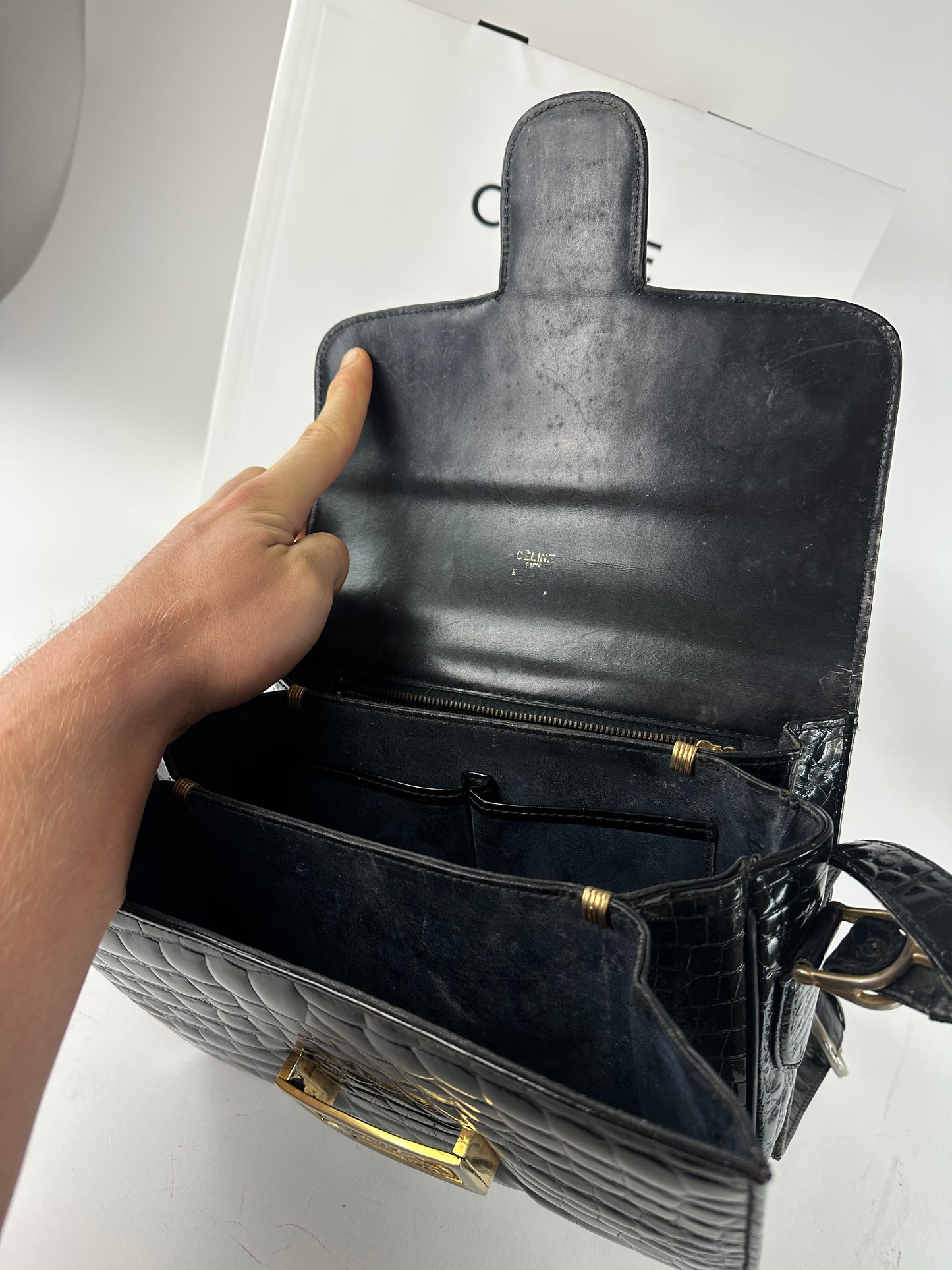 Vintage Celine Croc-Embossed Leather Shoulder Bag Black