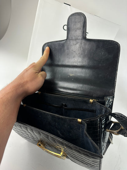 Vintage Celine Croc-Embossed Leather Shoulder Bag Black