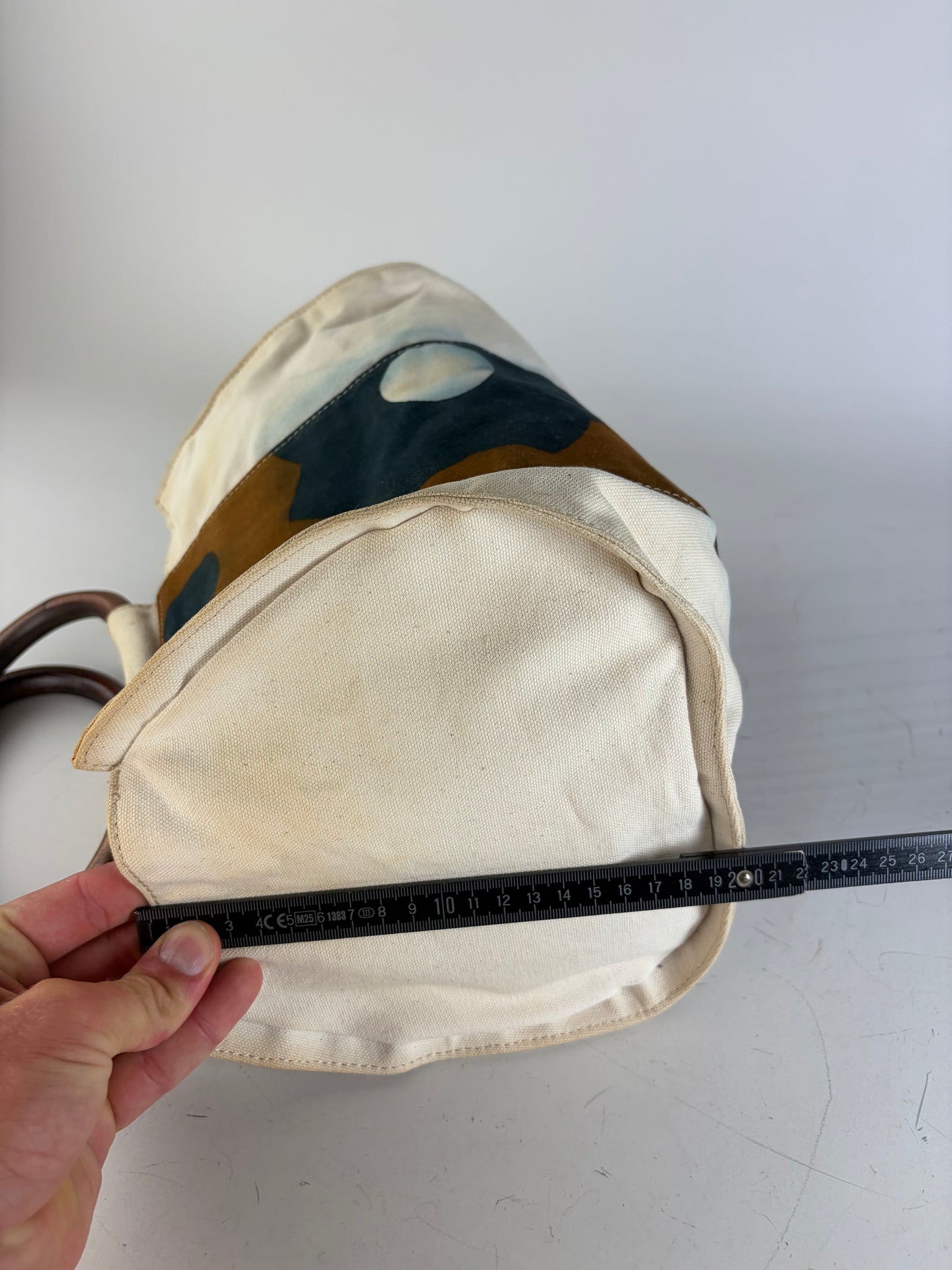 Vintage Marni Canvas Tote Cream Brown Navy Wood Handles