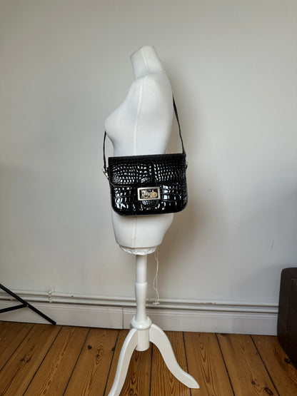 Vintage Celine Croc-Embossed Leather Shoulder Bag Black