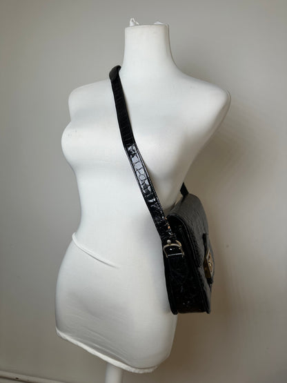 Vintage Celine Croc-Embossed Leather Shoulder Bag Black