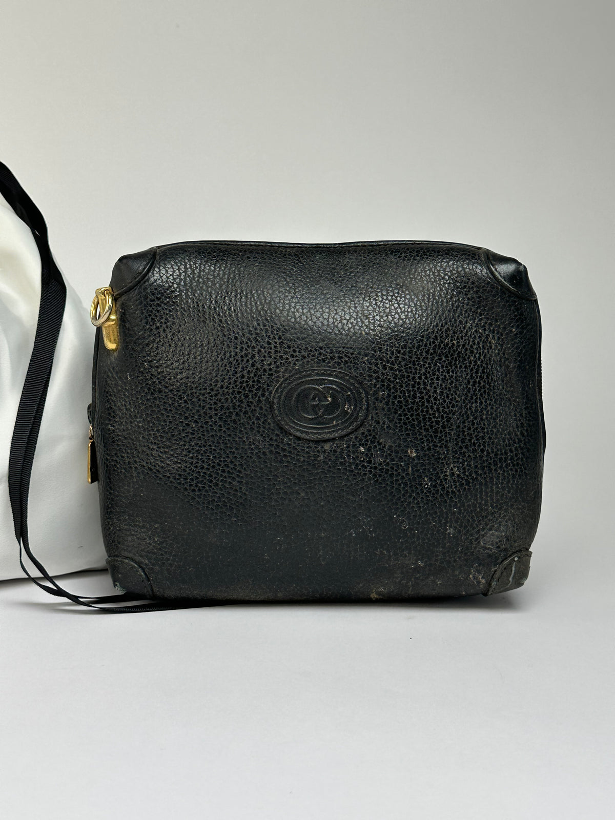 Vintage Gucci Pebbled Leather Flap Crossbody Bag Late 1990s Black