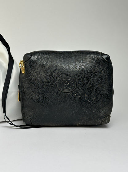 Vintage Gucci Pebbled Leather Flap Crossbody Bag Late 1990s Black