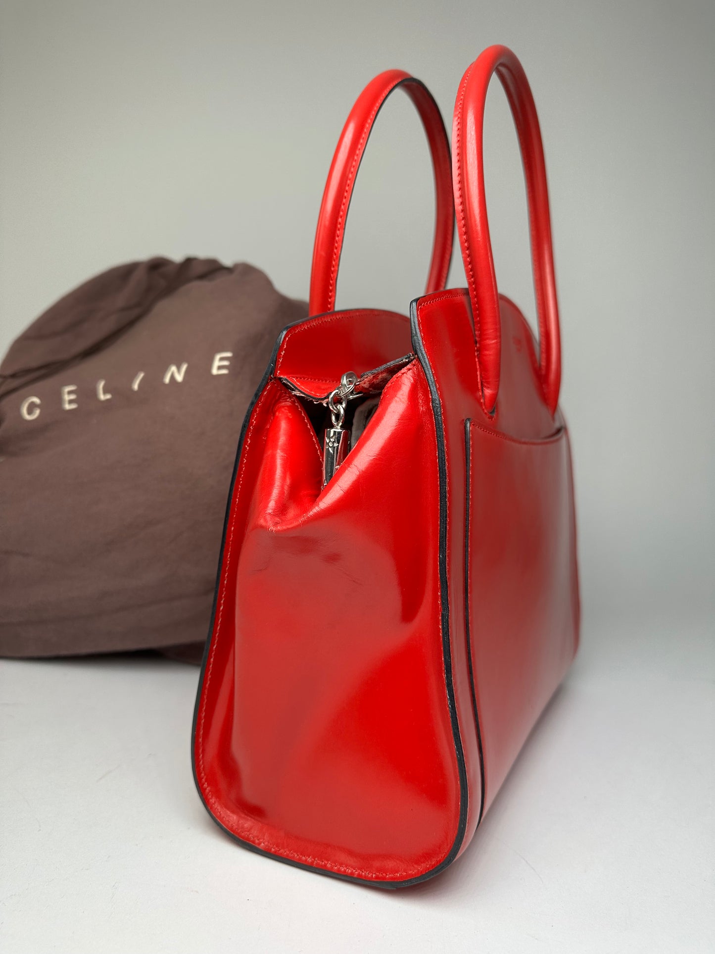 Vintage Celine Paris Patent Leather Handbag Red