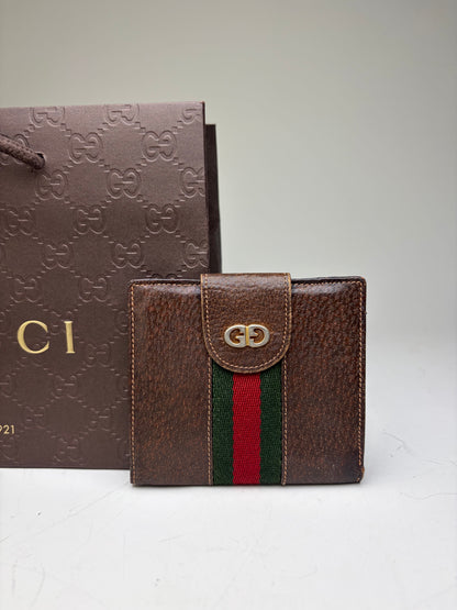 Vintage Gucci Web Stripe Leather Wallet Brown Green Red