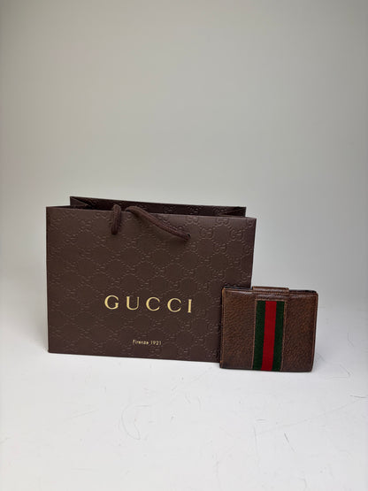 Vintage Gucci Web Stripe Leather Wallet Brown Green Red