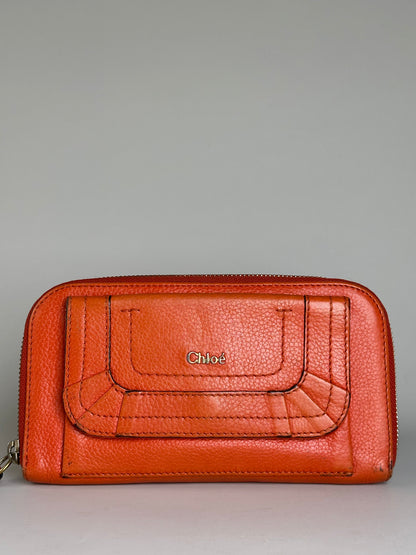 Vintage Chloe Pebbled Leather Zip Wallet Orange Gold