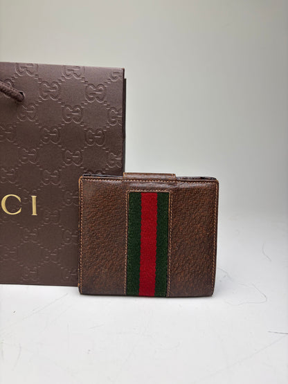 Vintage Gucci Web Stripe Leather Wallet Brown Green Red