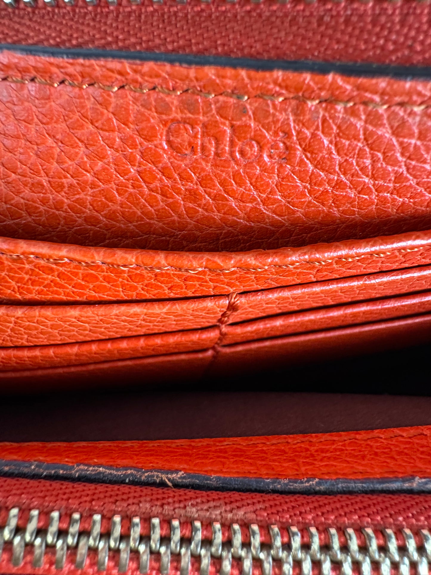 Vintage Chloe Pebbled Leather Zip Wallet Orange Gold