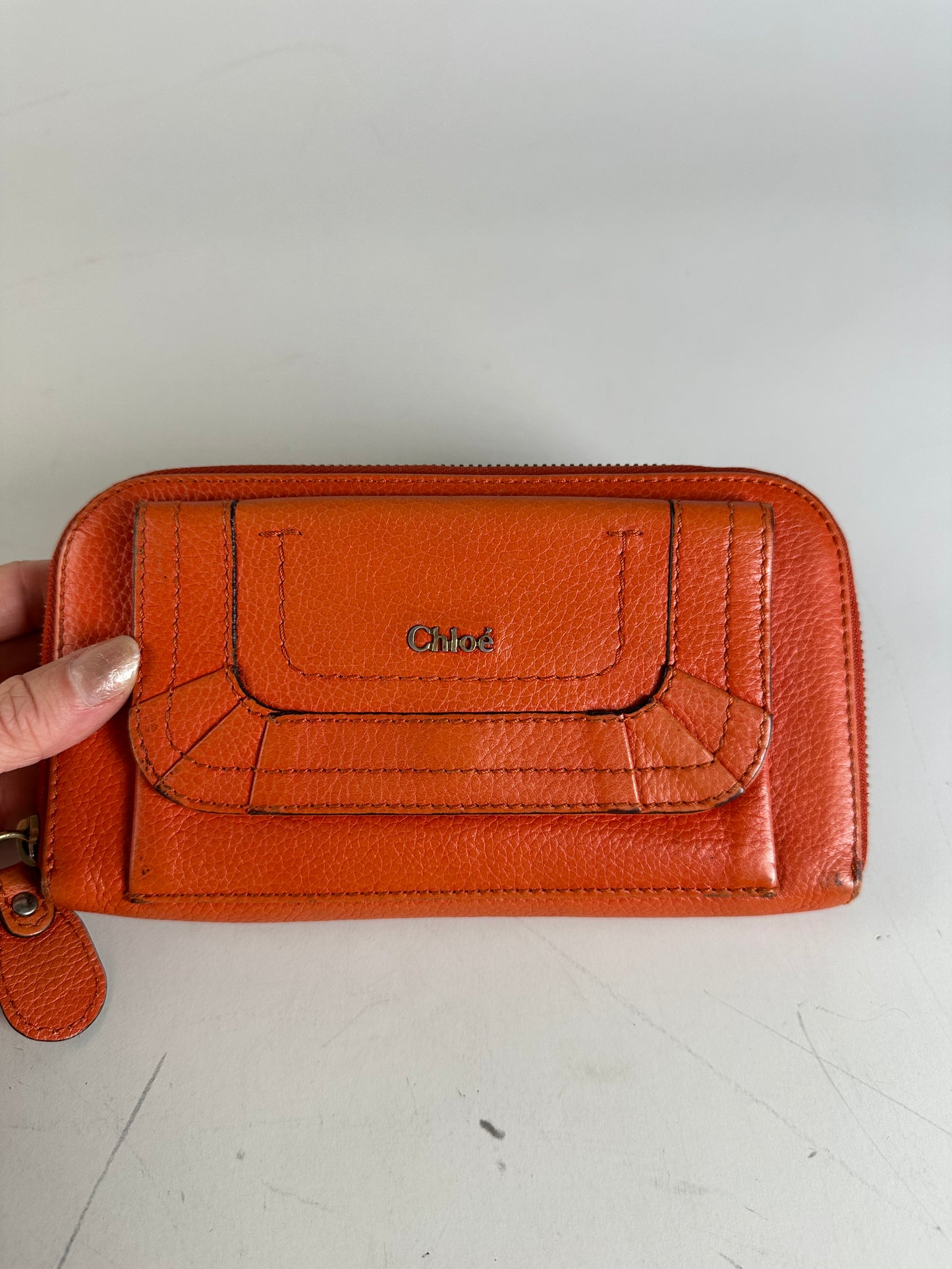 Vintage Chloe Pebbled Leather Zip Wallet Orange Gold