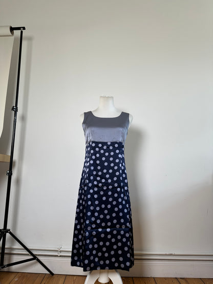 Vintage Balenciaga Silk Polka Dot Dress Navy Grey M