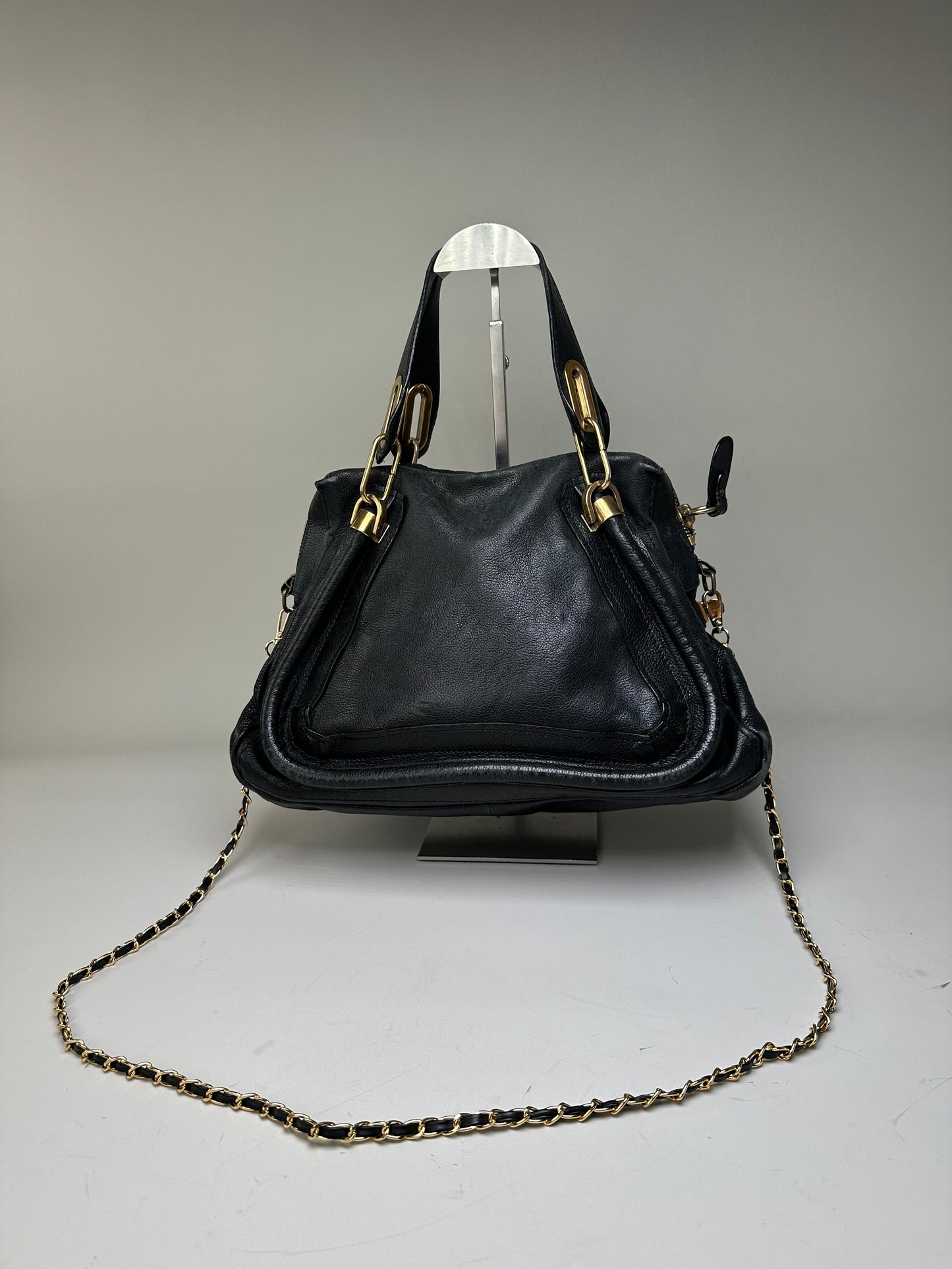 Vintage Chloe Grained Leather Shoulder Bag Black Gold