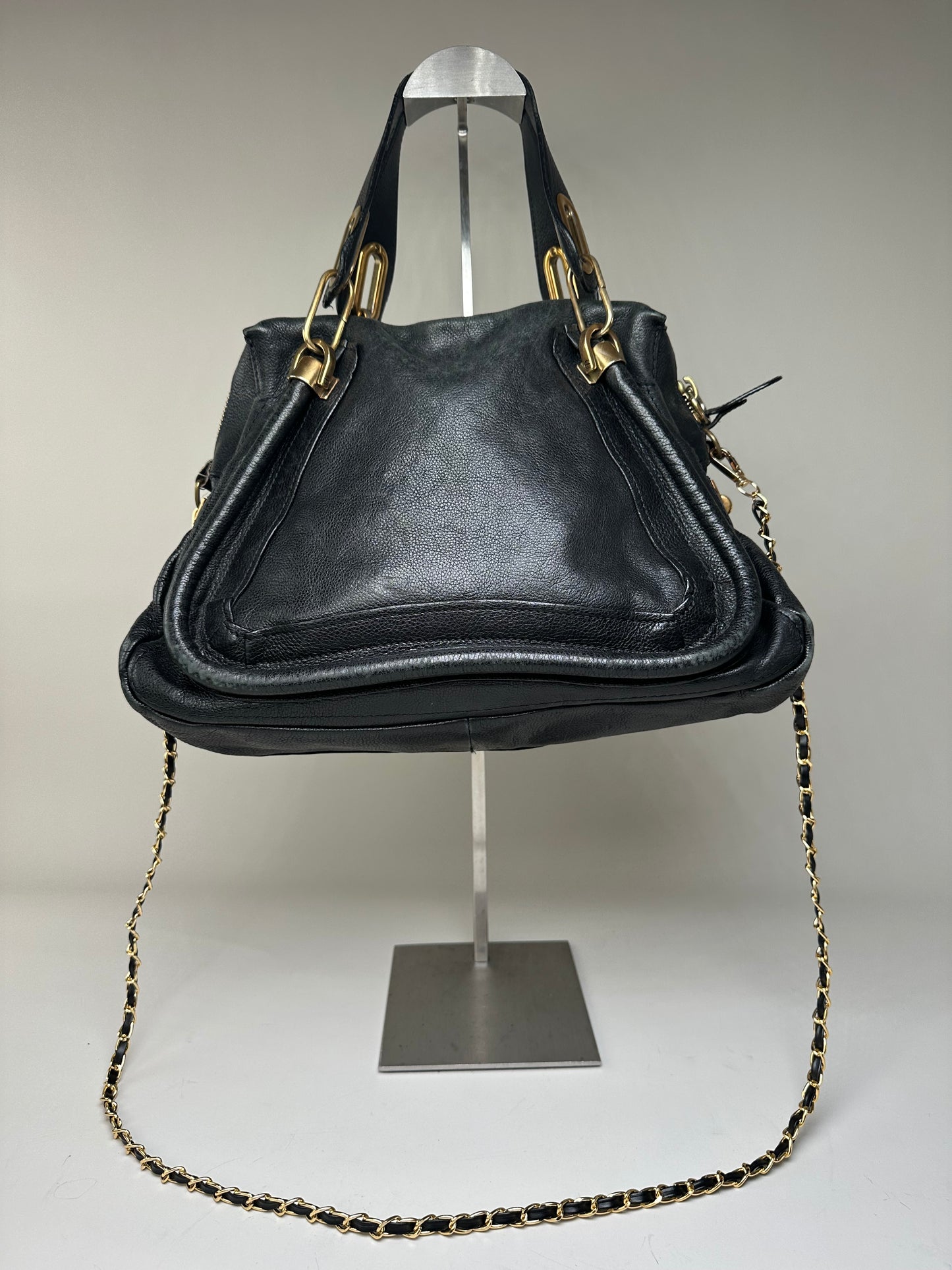 Vintage Chloe Grained Leather Shoulder Bag Black Gold