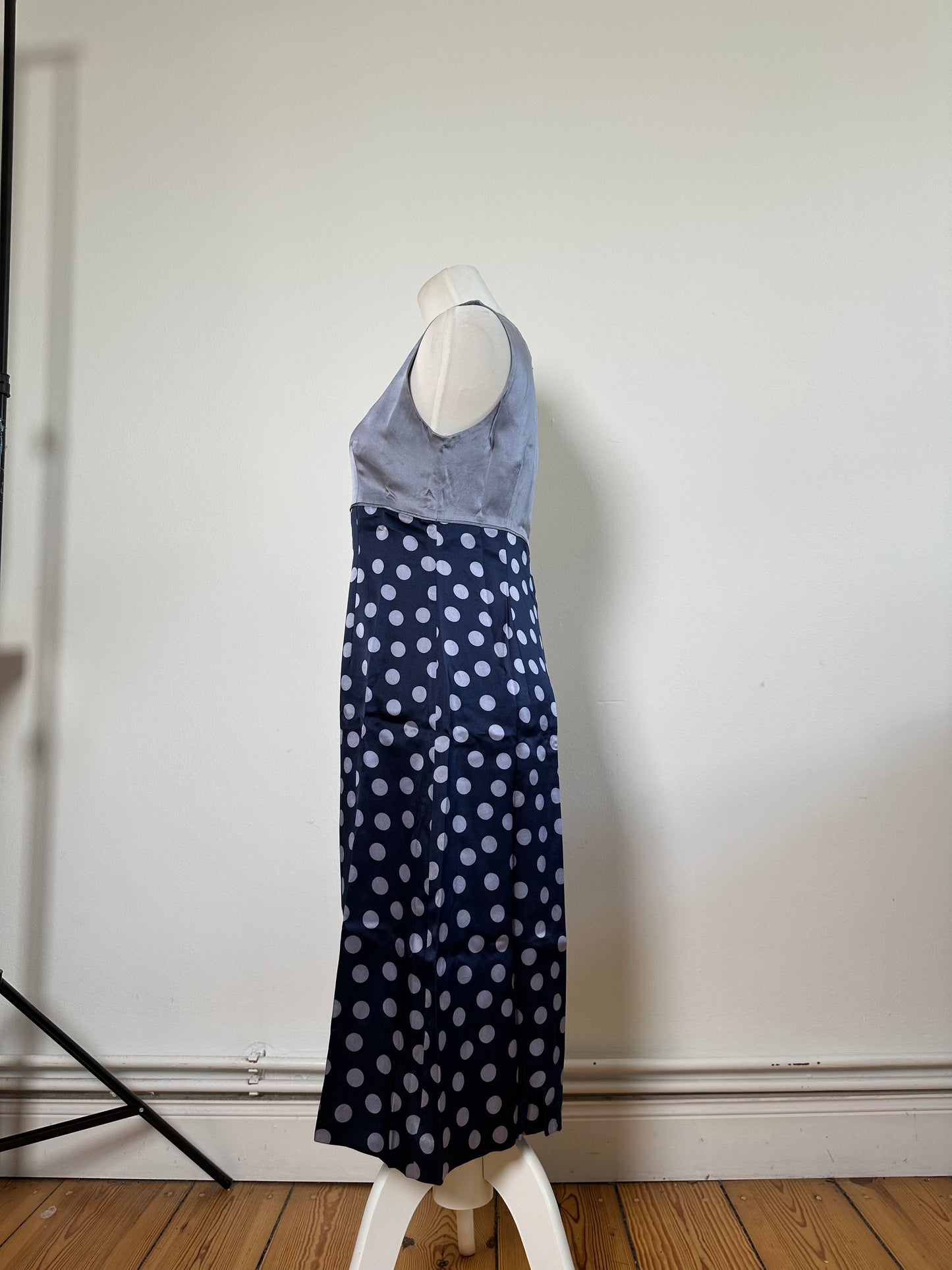 Vintage Balenciaga Silk Polka Dot Dress Navy Grey M