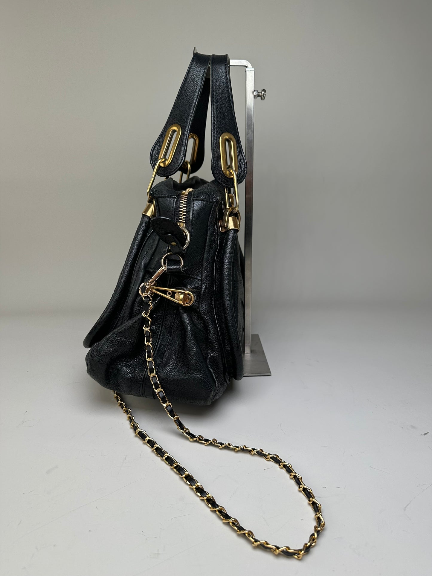 Vintage Chloe Grained Leather Shoulder Bag Black Gold