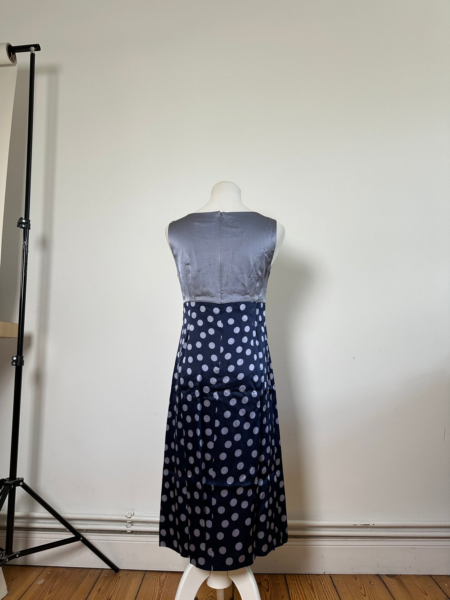 Vintage Balenciaga Silk Polka Dot Dress Navy Grey M